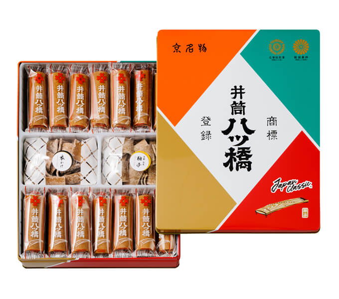 井筒八ッ橋 化粧缶詰合せ<br>(120枚(3枚×40袋)、衣かけ100g、水尾の柚子100g)
